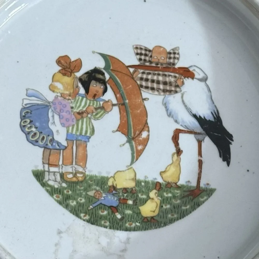 Vintage Ceramic Baby Bowl‎ with Adorable Stork Scene